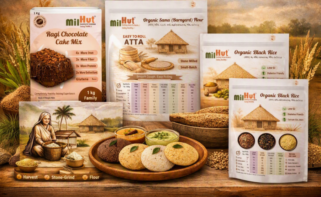 Collage of all MilHut's millet products