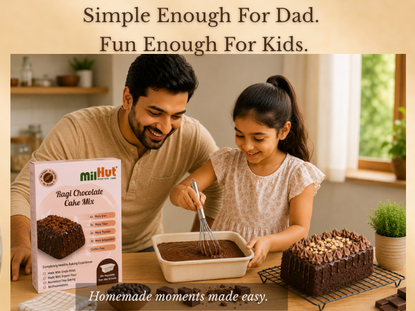 MilHut Ragi Chocolate Cake Mix 350g | Just Add Water Millet Cake Premix | Eggless Gluten Free | No Maida No Sugar | Jaggery & Dates | No Oil Milk Curd Needed | Baking Tin Included | Makes 500g Cake - Image 4
