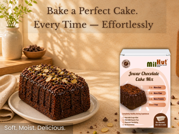 MilHut Jowar Chocolate Cake Mix 350g | Sorghum Millet Cake Premix | Eggless Instant Cake Mix | Jaggery & Dates Sweetened | No - Maida, Sugar | Just Add Water | Baking Tin Included | Makes 500g Cake - Image 3