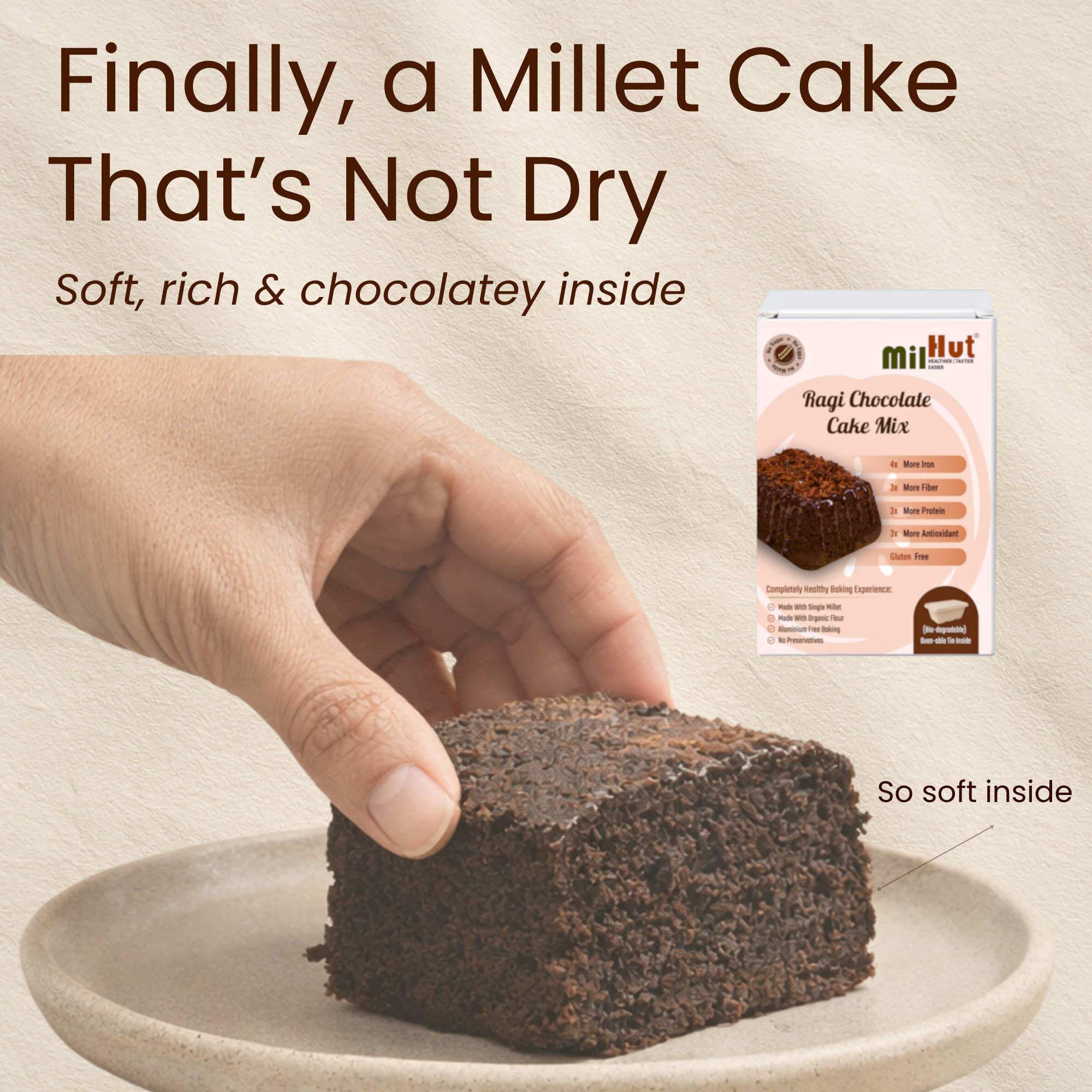 MilHut Ragi Chocolate Cake Mix 350g | Just Add Water Millet Cake Premix | Eggless Gluten Free | No Maida No Sugar | Jaggery & Dates | No Oil Milk Curd Needed | Baking Tin Included | Makes 500g Cake - Image 9