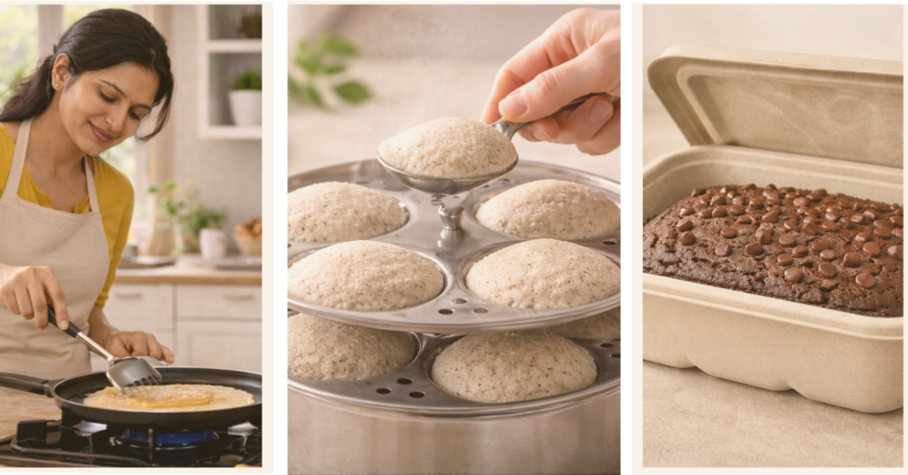 Collage showing the convenience of MilHut’s premixes: a person cooking millet dosas on a stovetop, fluffy millet idlis steaming in a traditional idli stand, and a rich ragi chocolate cake topped with chips in a container