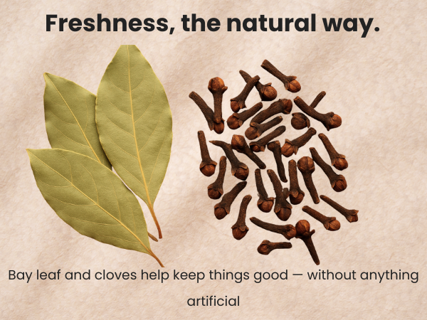 Bay leaf and cloves arranged to showcase the usage of natural preservatives