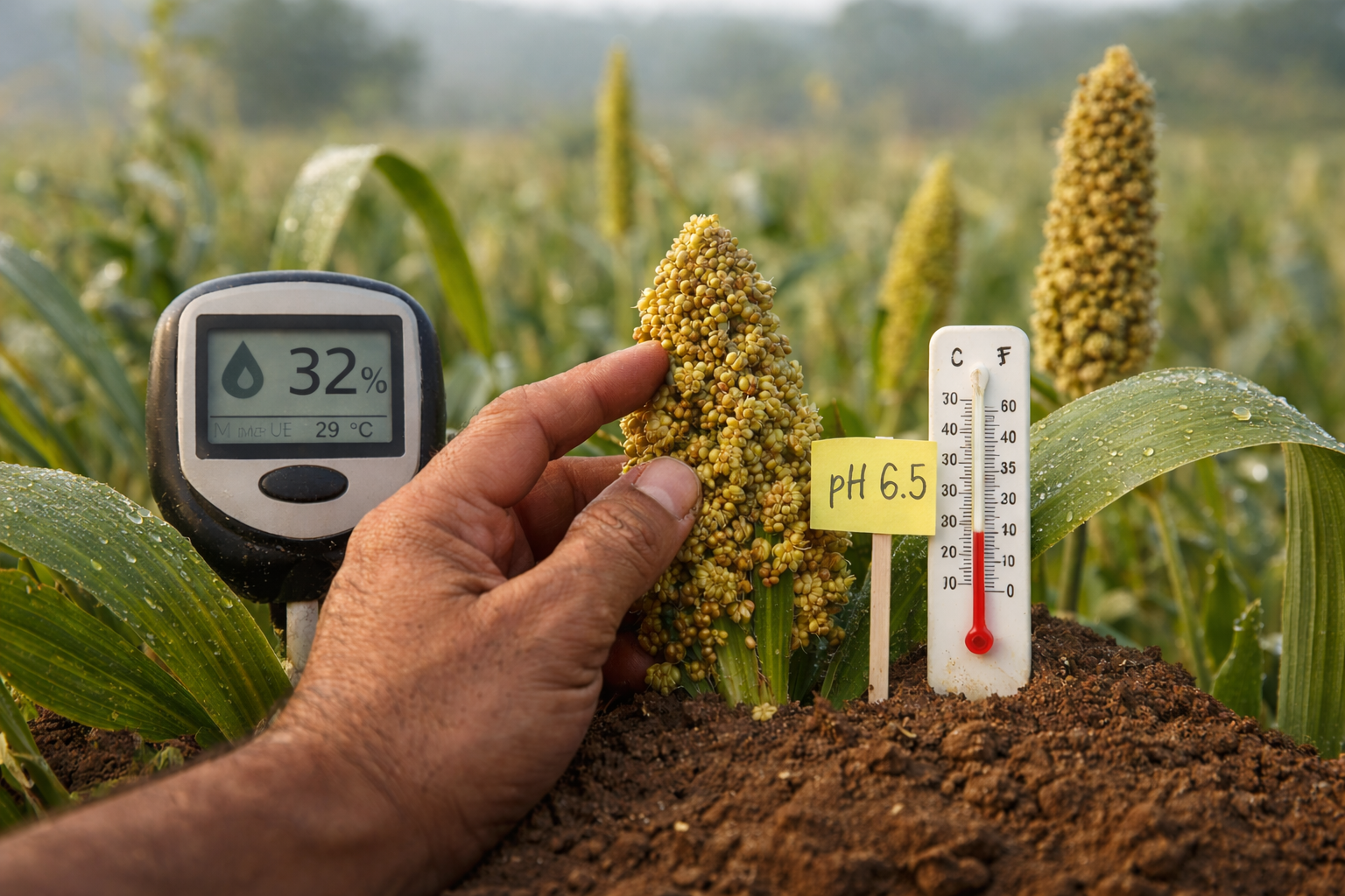 Millet plants in a natural field setting with tools measuring soil moisture, temperature and pH, showing how millets respond to micro-conditions.
