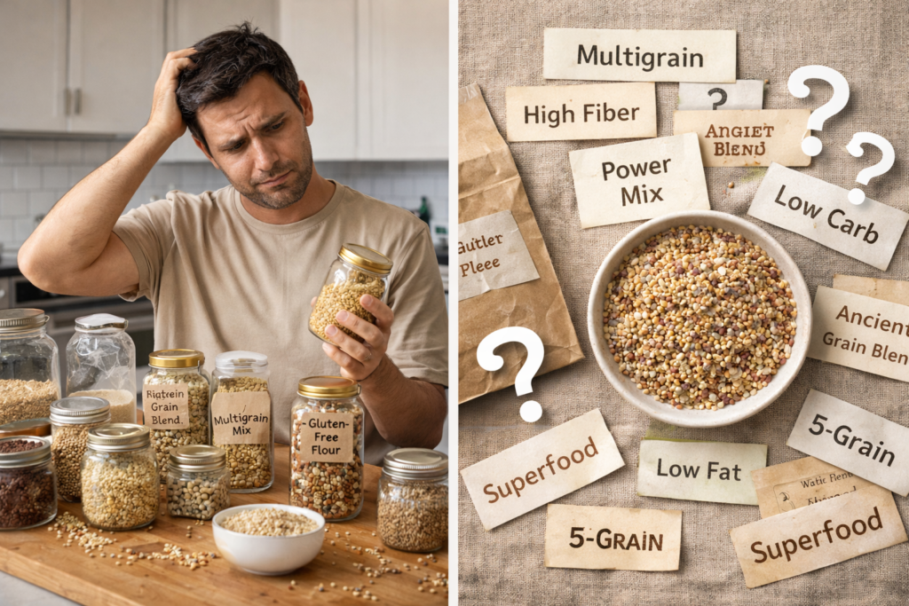 A shopper looking confused while comparing multiple grain jars labeled multigrain, protein blend, and gluten-free flour—illustrating how modern grain choices create overwhelm and uncertainty.