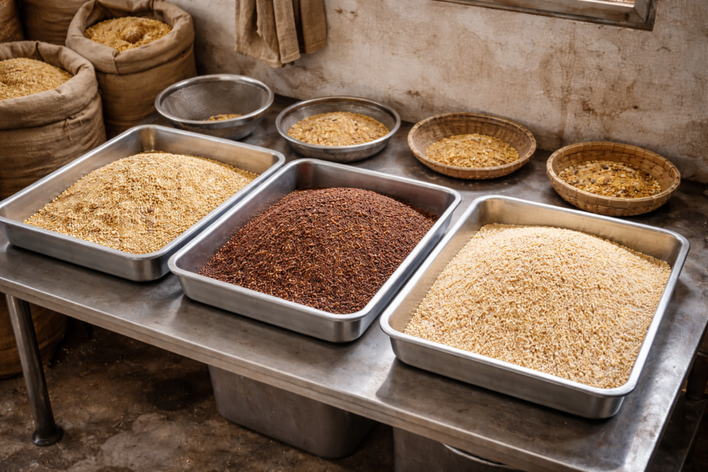 Freshly cleaned kodo, ragi, and jowar millets displayed in stainless steel trays during small-scale millet sorting at MilHut’s Dang unit.