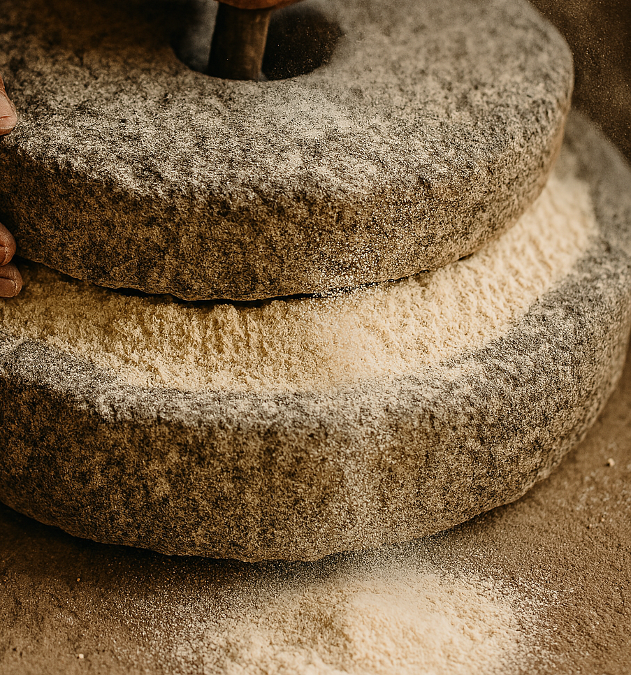 Traditional stone-milled processing of single-millet grains — slow, gentle grinding that preserves nutrients and natural behavior