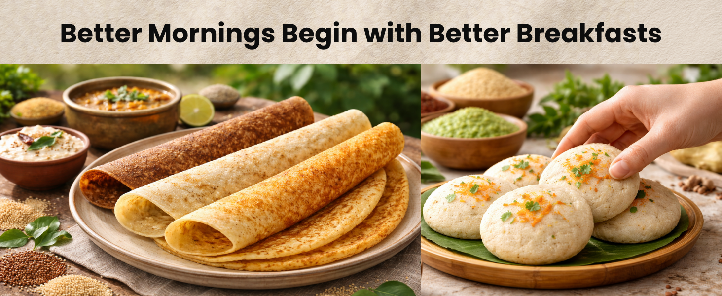 Healthy Breakfast combo of millet idli and millet dosa