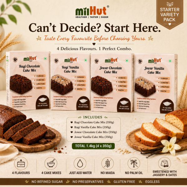 MilHut Healthy Millet Cake Mix Variety Pack | Ragi & Jowar Chocolate & Vanilla Cake Premix Combo